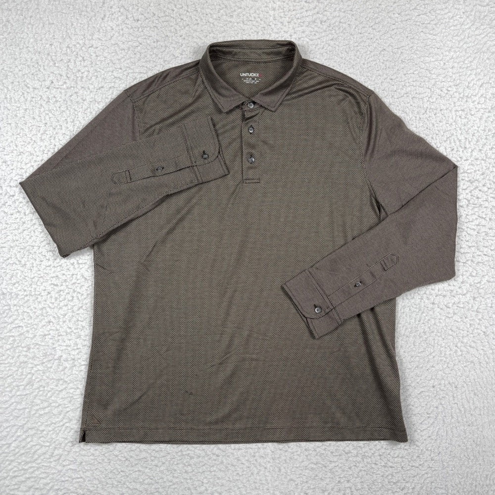 UNTUCKit Polo Mens XL Brown Damaschino Diamond Birdseye Long Sleeve Preppy